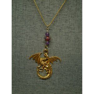 DRAGON PENDANT NECKLACE GOLD TONE 18" CHAIN w/Amethyst & Wedding Cake Beads OOAK